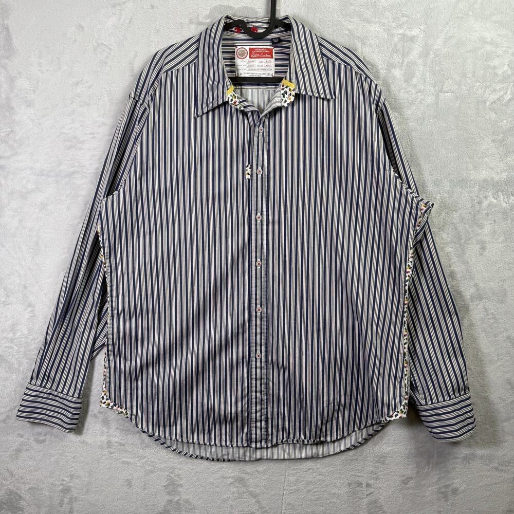 Robert Graham Men's Dress Shirt XL Blue Stripe 100% Cotton Classic Fit Button Up